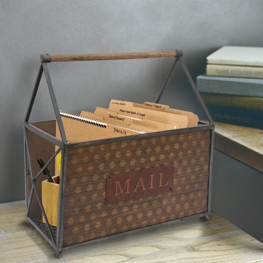 Wood and Metal Frame Basket with Handle and Typography, Brown and Gray