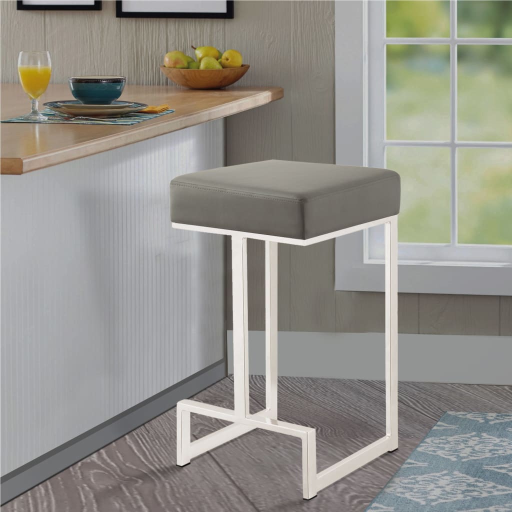 31 Inch Modern Bar Stool, Vegan Faux Leather, Backless, Chrome, Silver