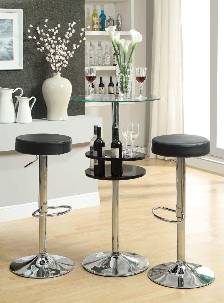 Round Bar Table with Tempered Glass Top and Storage, Black and Chrome