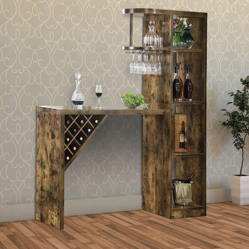 Wooden Bar Unit With Open Compartments and Diagonal Wine Section, Brown - 182127