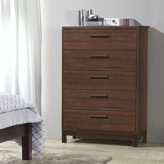 Wooden Chest with Five Drawers and Block Legs Support, Dark Brown