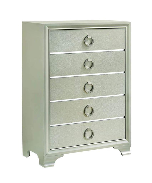 Five Drawers Wooden Dresser with Oversized Ring Handles, Silver - 222725