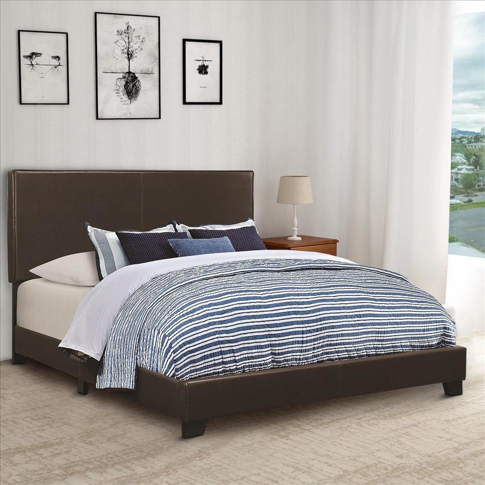 Platform Bed | Queen Size | Brown Vegan Faux Leather Upholstery