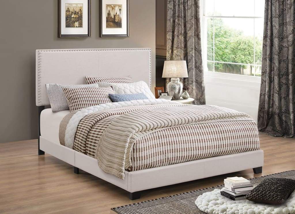 Platform Bed | Queen Size | Ivory Fabric | Nailhead Trim