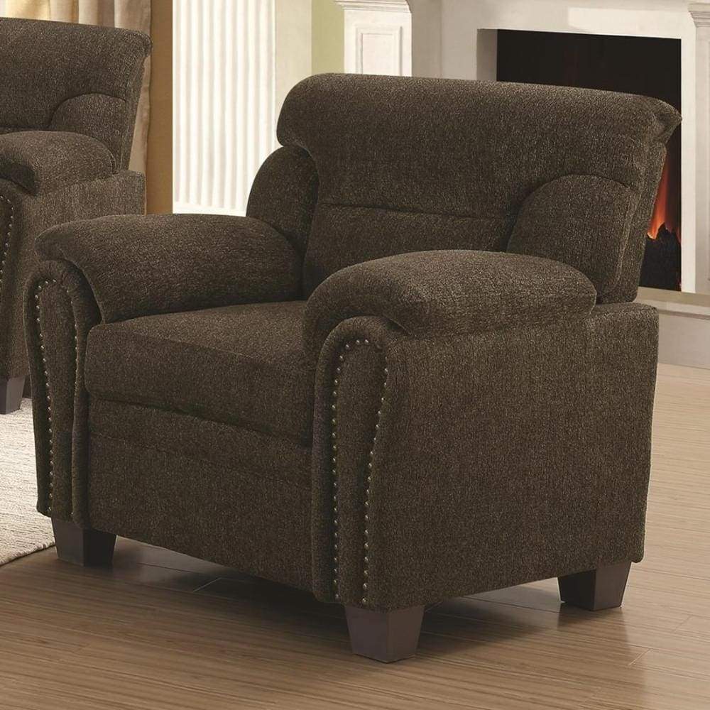 Transitional Chenille Fabric & Wood Chair With Padded Armrests, Brown