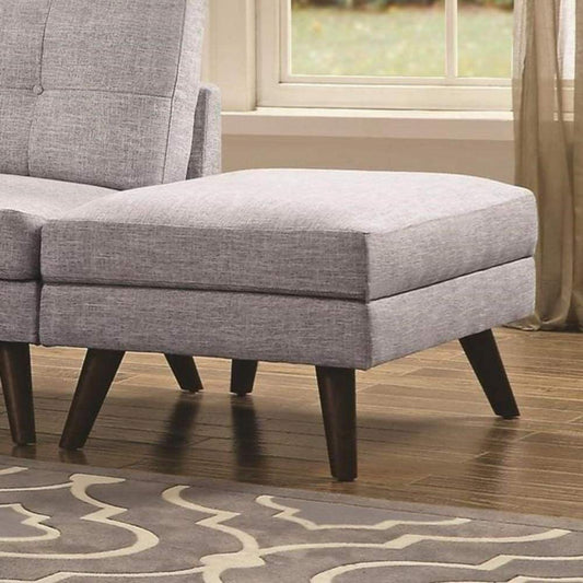 Fabric Upholstered Ottoman With Tappered Wooden Legs, Light Gray and Brown - 551303