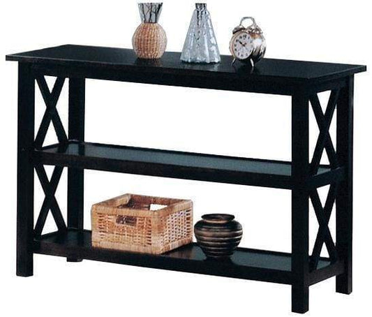 Transitional Wooden Sofa Table With "X" Side Design & Two Shelves, Dark Brown - 5910
