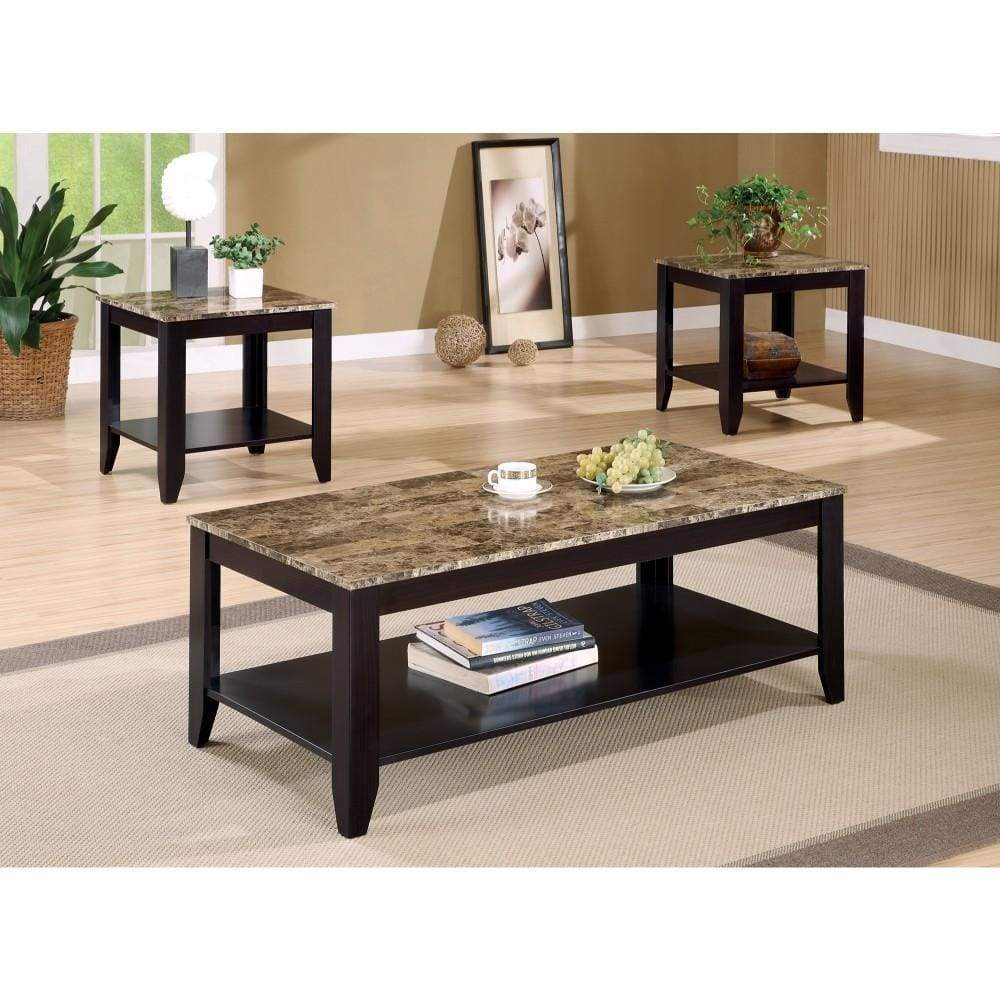 Table Set | 3 Piece | Occasional | Marble Top | Brown Finish