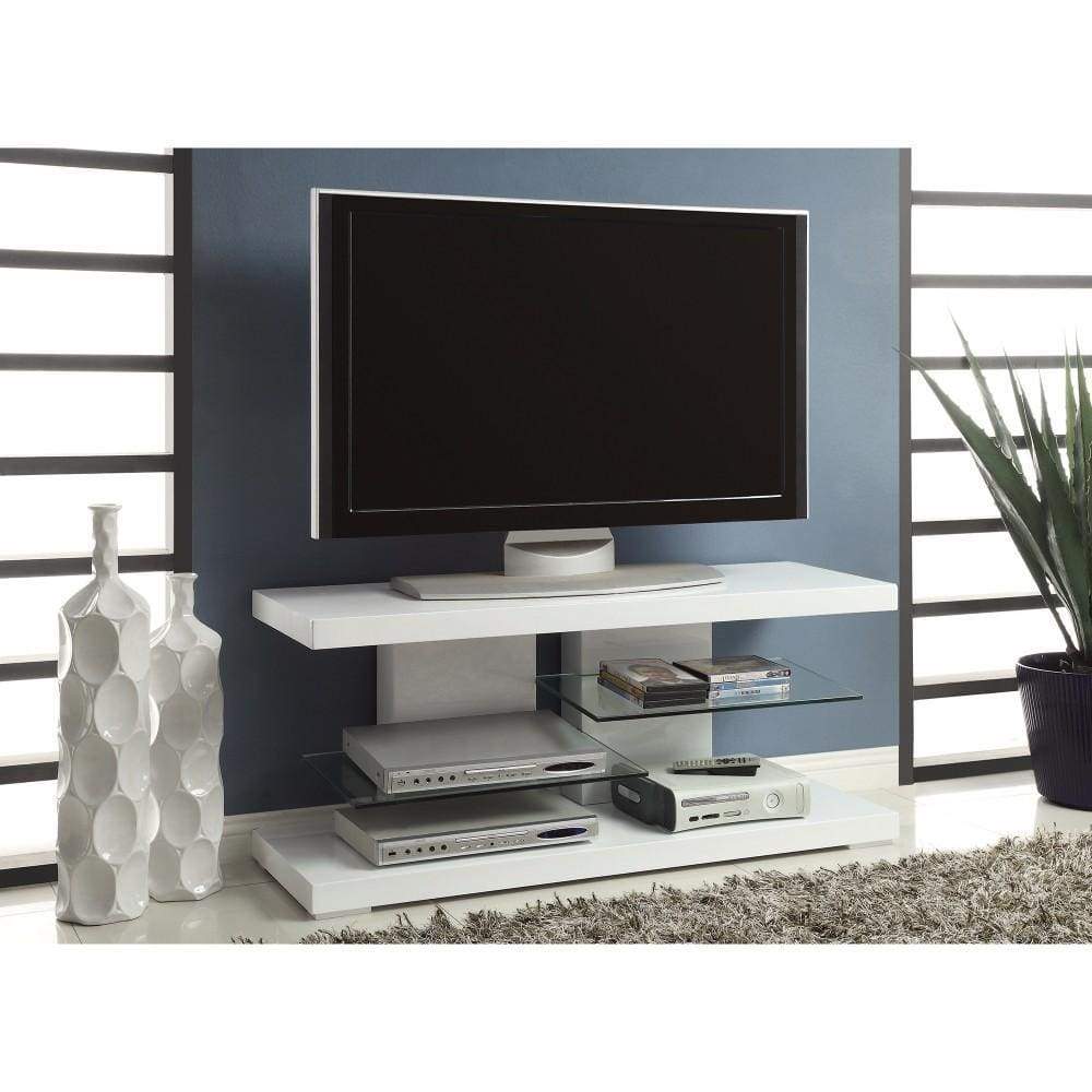 Charming white tv console with Alternating Glass Shelves