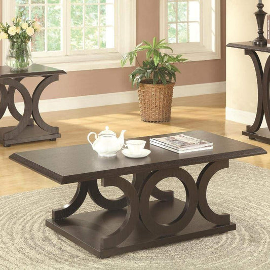 Contemporary Style C-Shaped Coffee Table With Open Shelf, Espresso Brown - 703148