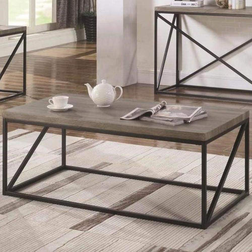 Coffee Table | Industrial Minimal | Wood Top | Metal Base | Gray