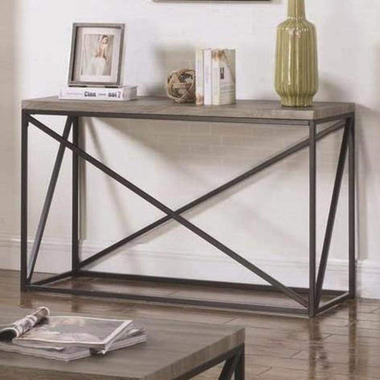 Industrial Style Minimal Sofa Table With Wooden Top And Metallic Base, Sonoma Gray - 705619