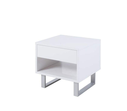 Contemporary Storage End Table With Metallic Base, Glossy White - 705697