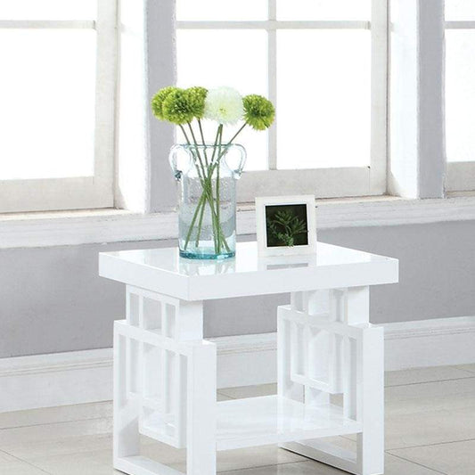 End Table | 22" Wood | Geometric Frame | 1 Shelf | Glossy White