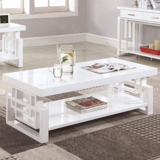 Contemporary Wooden Coffee End Table With Designer Sides & Shelf, Glossy White - 705708