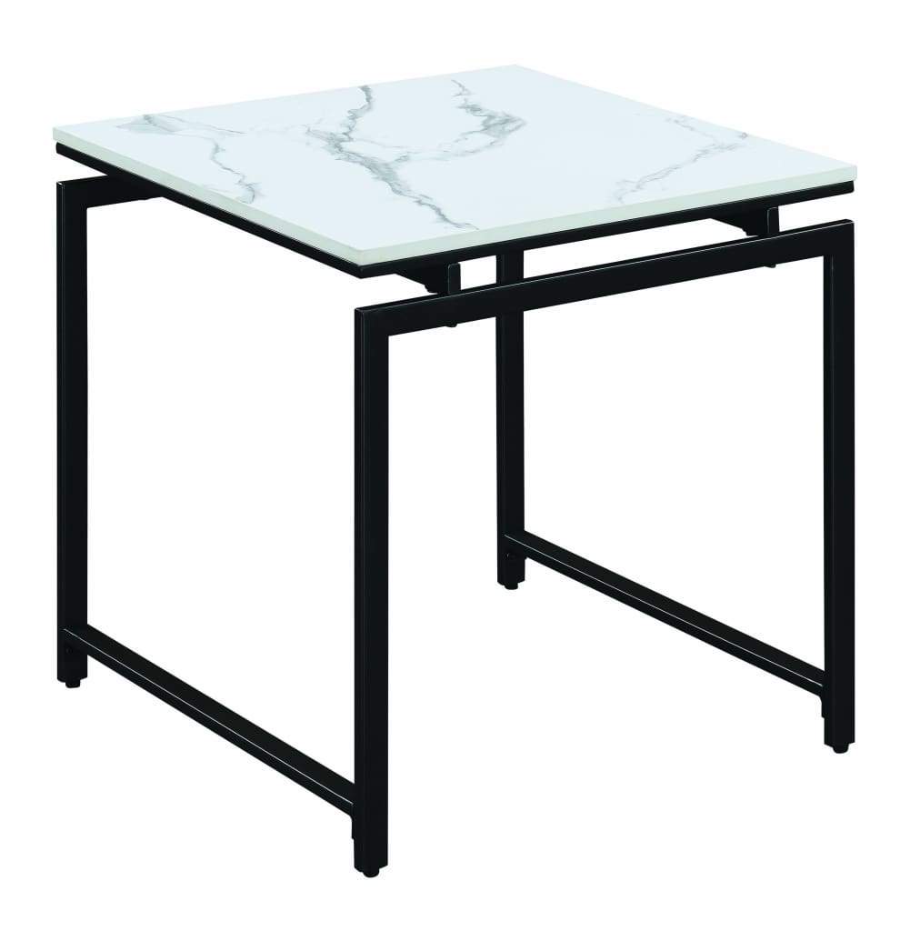 3 Piece Metal Base Occasional Table Set with Marbleized Top, Black and White - 708153