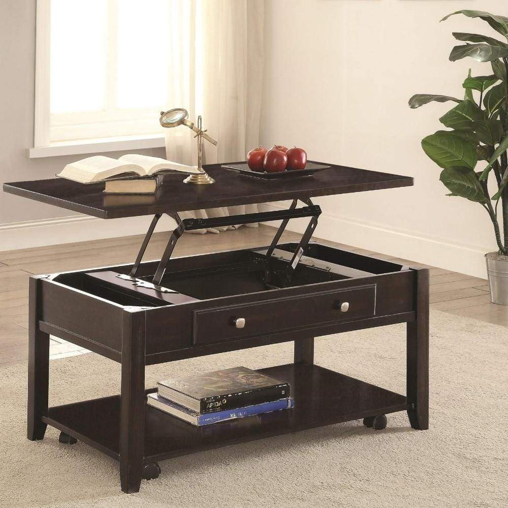Modern Lift Top Wooden Coffee Table With Storage & Shelf, Walnut Brown - 721038