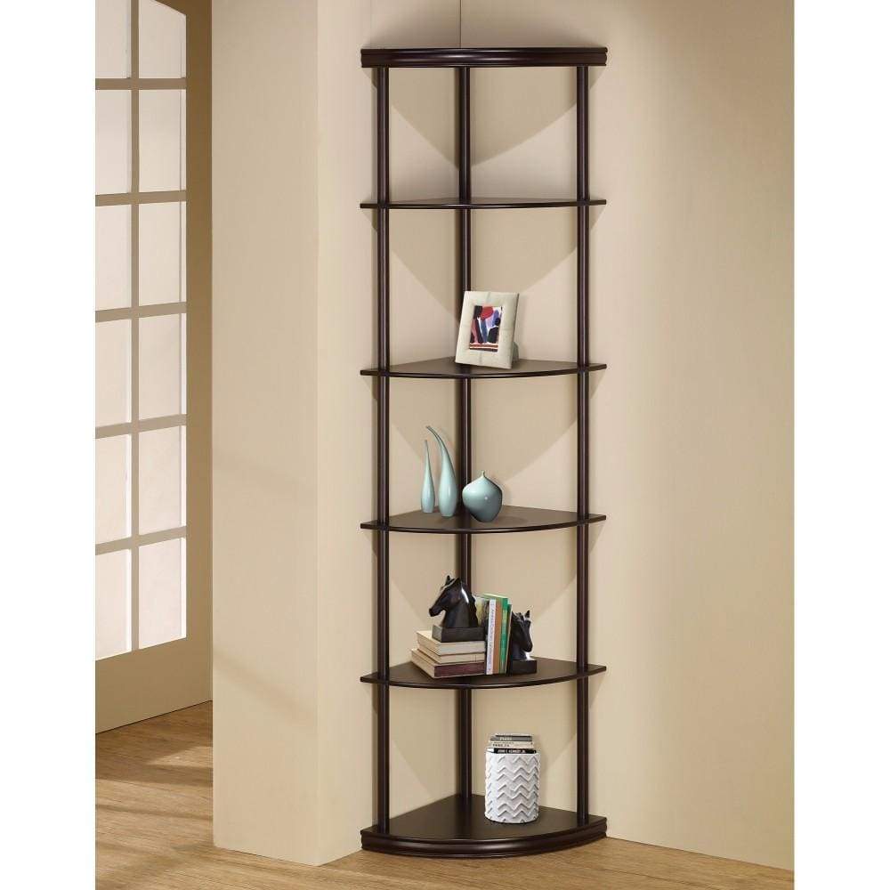 Corner Bookcase | 5 Pie Shelves | Illuminating Brown Wood