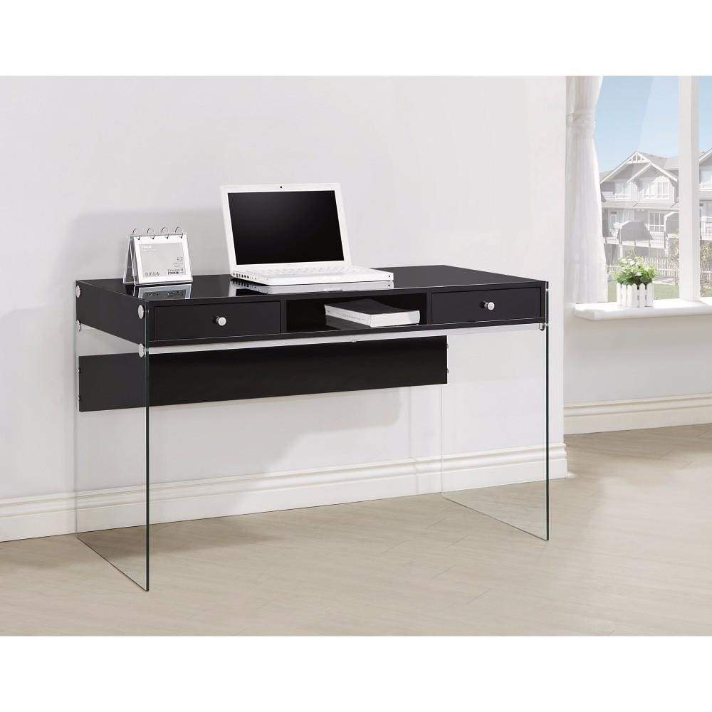 Elegant Metal Writing Desk With Glass Sides, Clear And Black