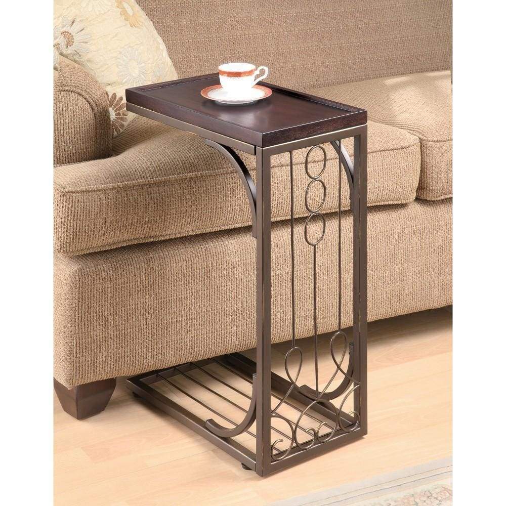 Tray Top Snack Side End Table With Scroll Design Iron Base, Brown