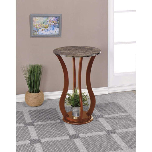Transitional Wooden Plant Stand With Faux Marble Top, Brown By Coaster