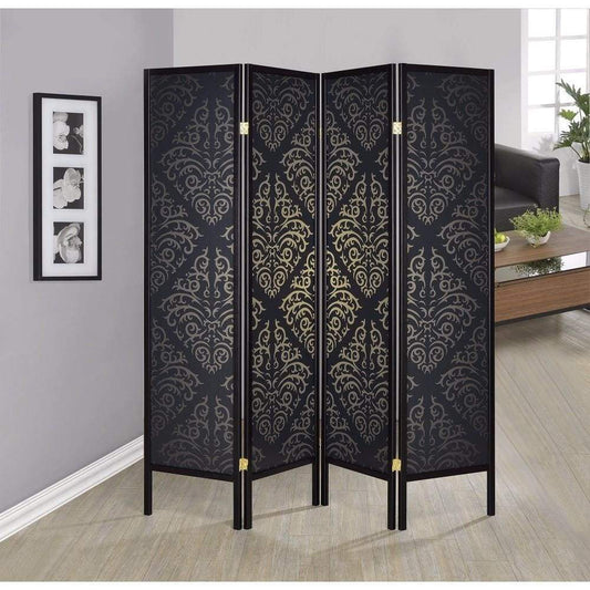Captivating Four Panel Folding Screen With Damask Print, Black By Coaster