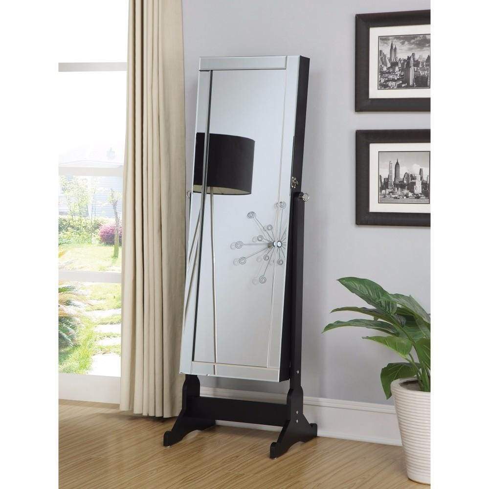 Sophisticated Jewelry Cheval Mirror With Interior Storage, Black By Coaster