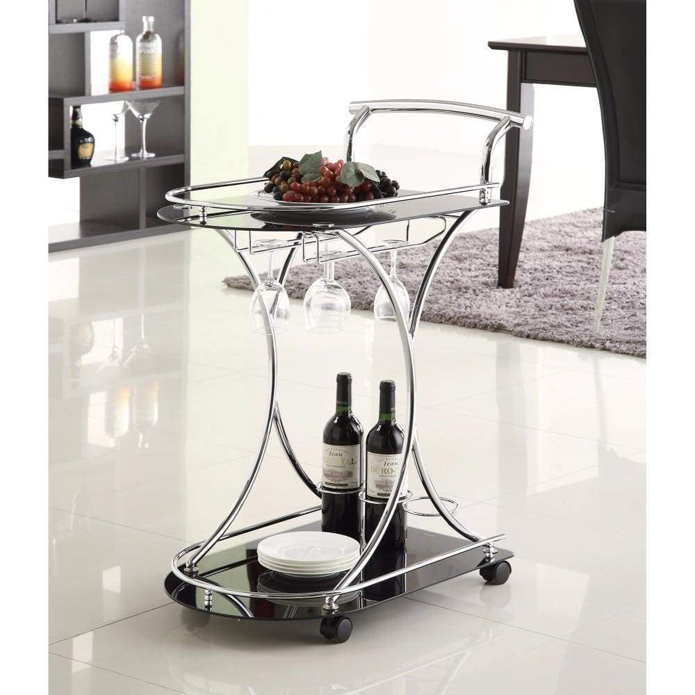 Serving Cart | 2 Black Glass Shelves | Dazzling Silver Finish