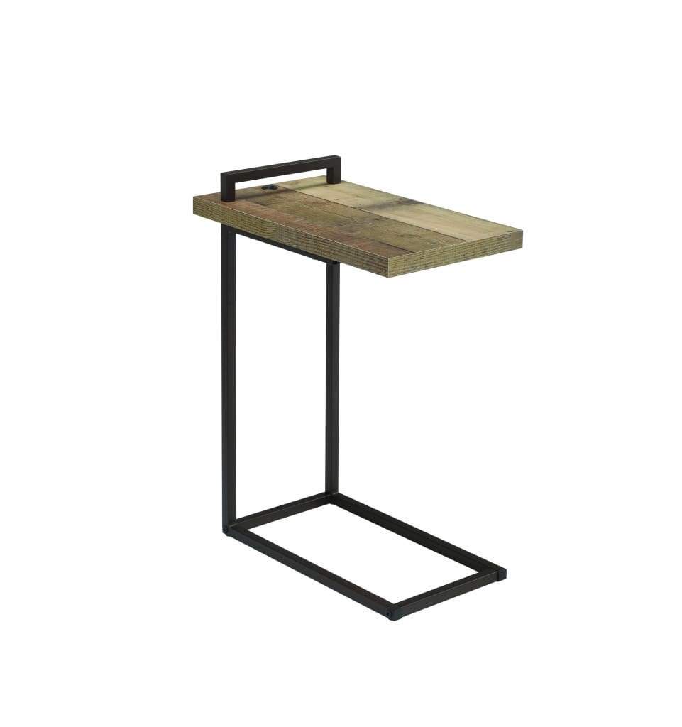 Contemporary Style Metal Accent Table with Wooden Top and USB Port, Brown and Bronze - 931126