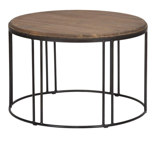 Iron Framed Round Coffee Table with Wooden Top, Brown and Black - 51003530 By Casagear Home