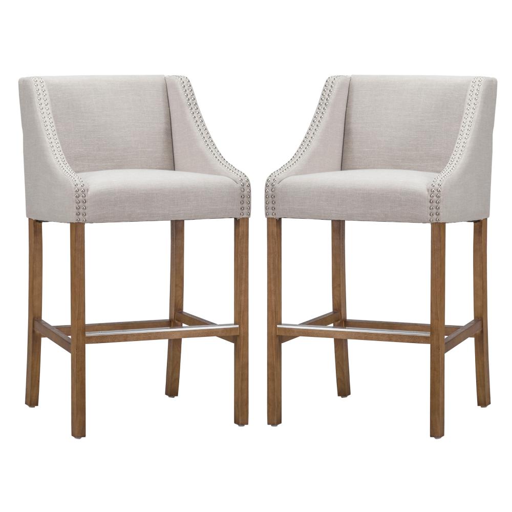 Wood and Fabric Barstool with Swooping Arms and Nail Head Trim, Set of 2, Beige and Brown By Casagear Home