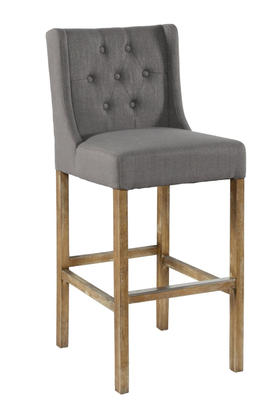 Wooden Barstool with Padded Seat, Button Tufted, Wing Back, Set of 2, Gray and Brown By Casagear Home