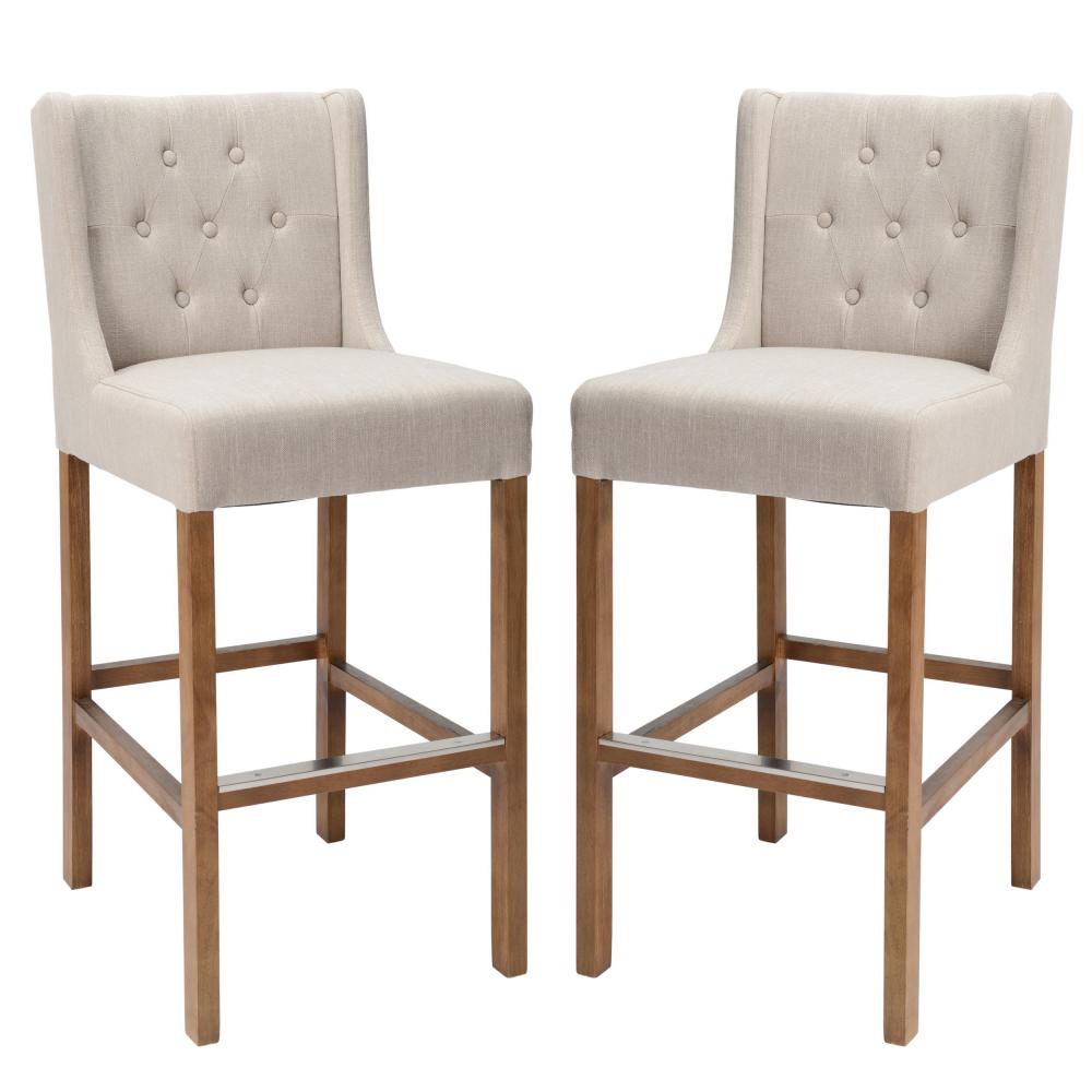 Wooden Barstool with Padded Seat, Button Tufted, Wing Back, Set of 2 By Casagear Home