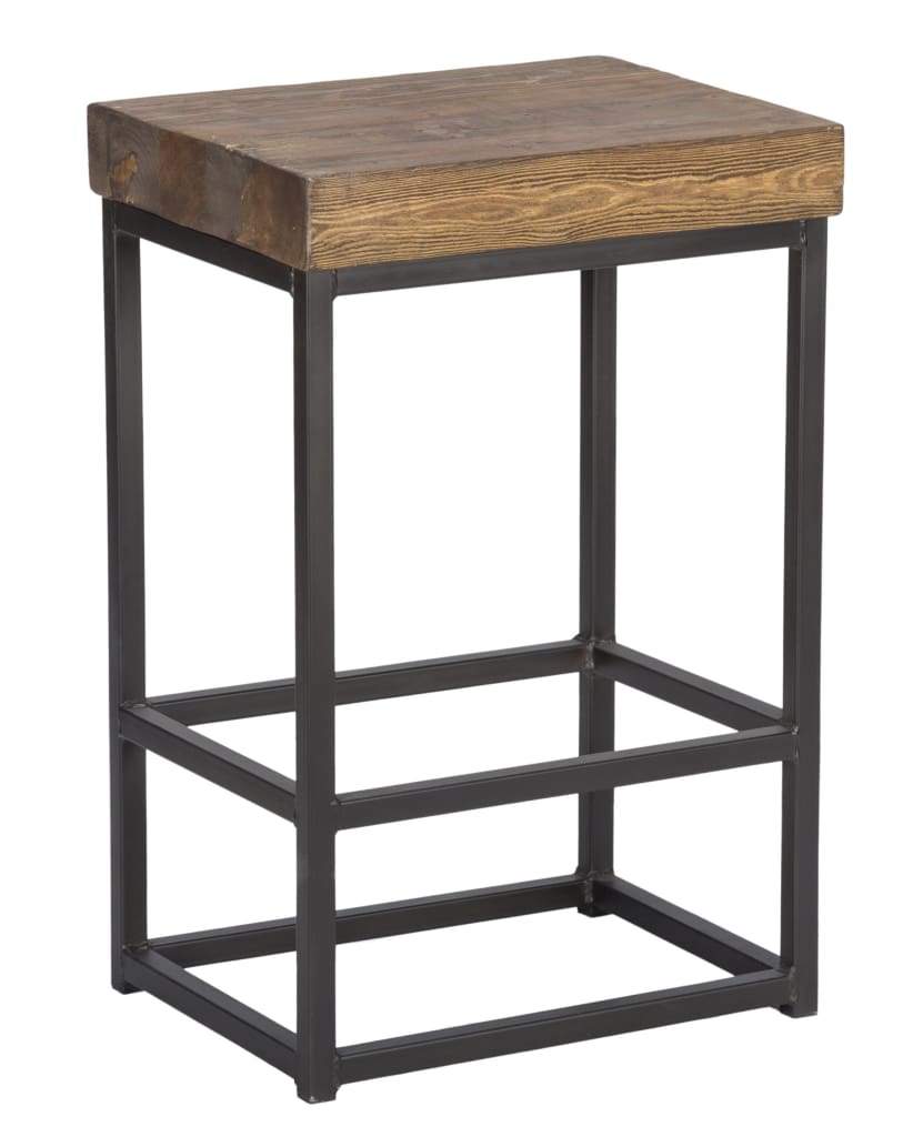 Iron Base Counter Height Stool with Pine Wood Seat, Brown and Black - PL14783 By Casagear Home