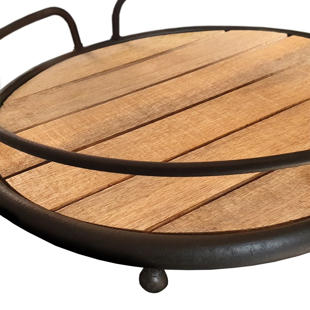 Round Tubular Metal Frame Tray with Plank Style Wooden Base Brown and Black By Casagear Home CTW-530050