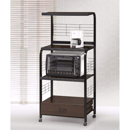 59 Inch 3 Shelf Kitchen Cart, Built In Plugs, Casters, Brown, Black