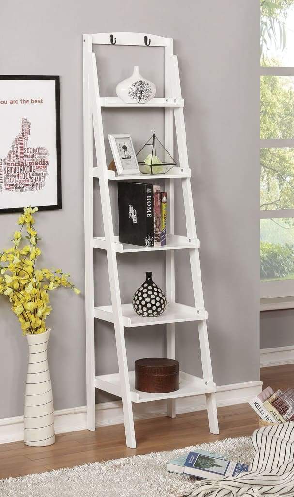 Contemporary Five Tier Wooden Ladder Shelf with Two Attached Hook On Top, White - CM-AC808WH