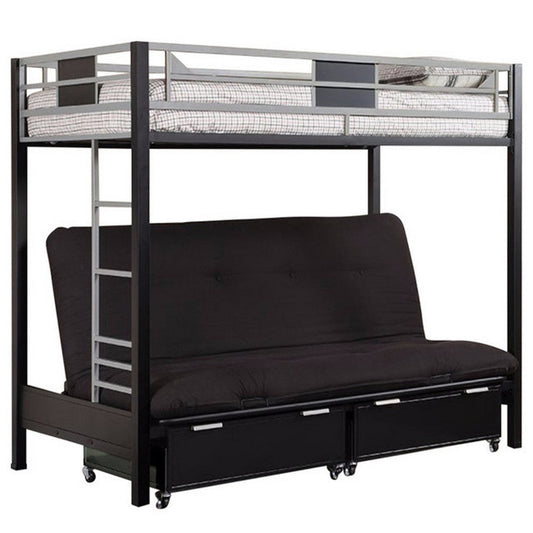 Metal Twin Bunk Bed With Futon Base, Silver and Black By Casagear Home