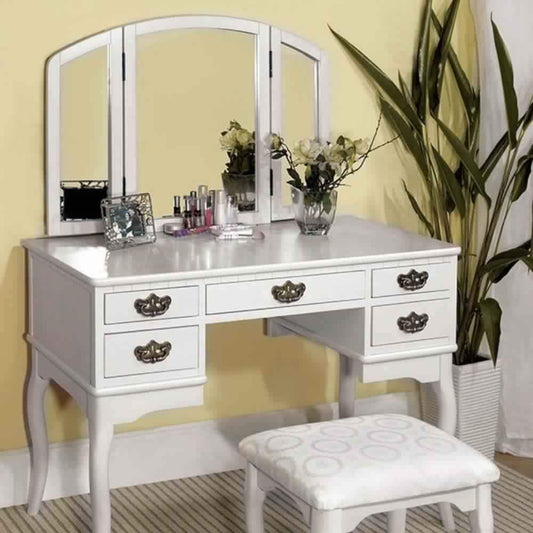 Elegant Traditional Vanity Table With Multiple Drawers And A Stool, White Finish By Casagear Home
