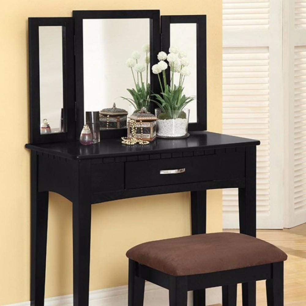 Wooden Vanity Set with 3 Sided Mirror and Padded Stool, Black By Casagear Home