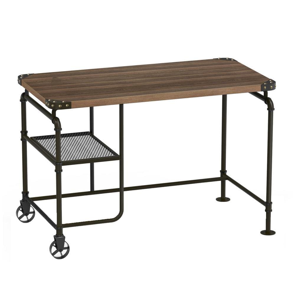 Industrial Metal Writing Desk With Wooden Top Brown and Black By Casagear Home FOA-CM-DK6913