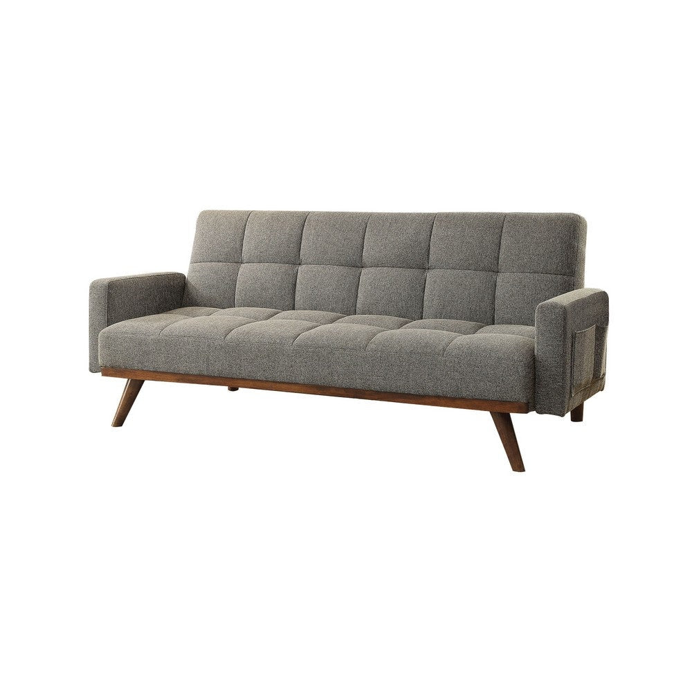 Futon Sofa | Tufted Upholstery | Angled Wood Legs | Light Gray