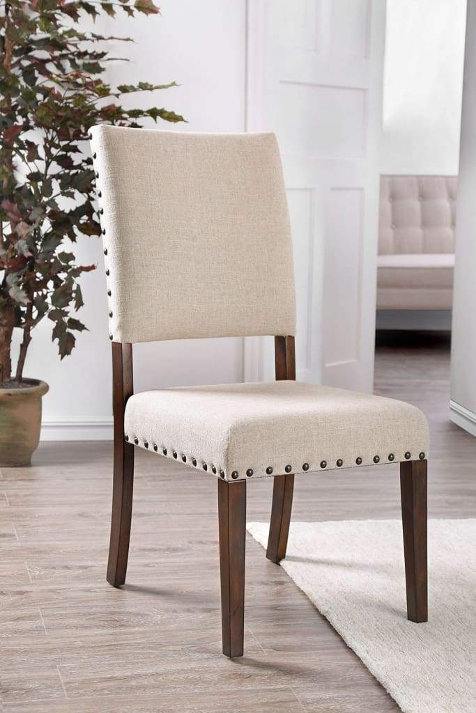 21 Inch Classic Side Chair, Upholstered, Nailhead Trim, Beige, Brown  By Casagear Home