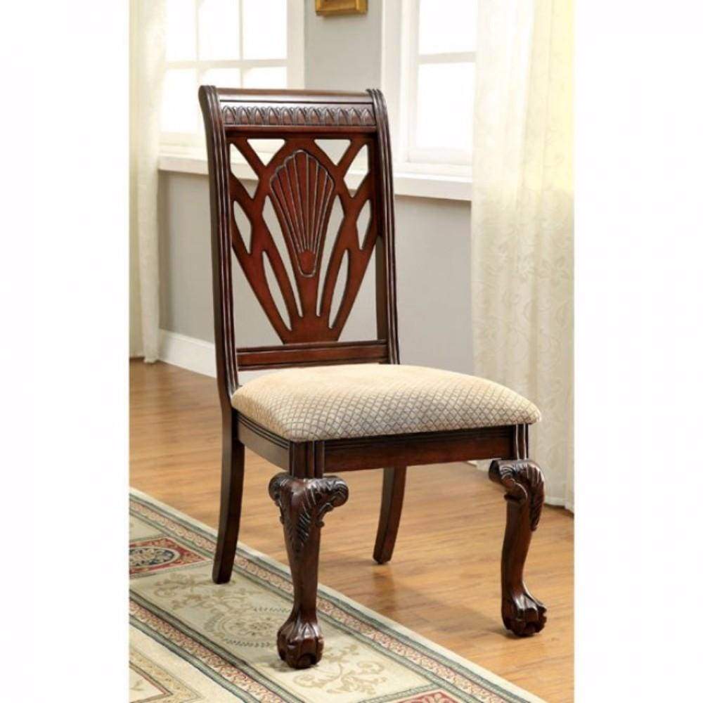 2 Piece Traditional Wooden Side Chair with Fabric Upholstered Seat, Brown and Beige By Casagear Home