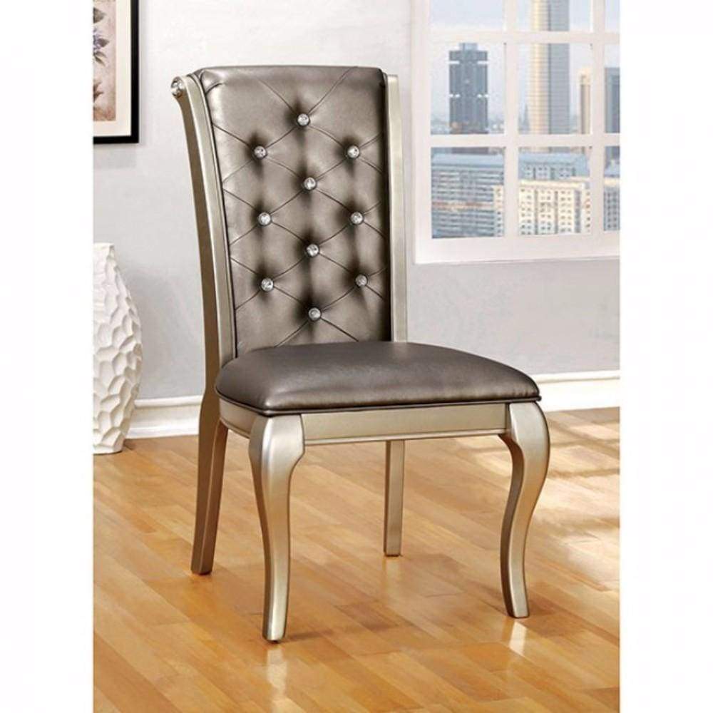 Side Chair Set of 2 | Buttoned Faux Leather | Gray Gold Legs