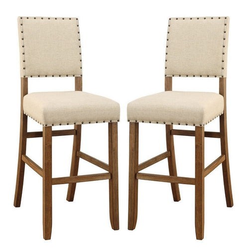 Counter Chair Set of 2 | Beige Fabric | Nailhead | Brown Legs