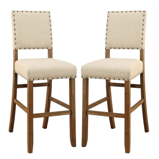 Counter Chair Set of 2 | Beige Fabric | Nailhead | Brown Legs