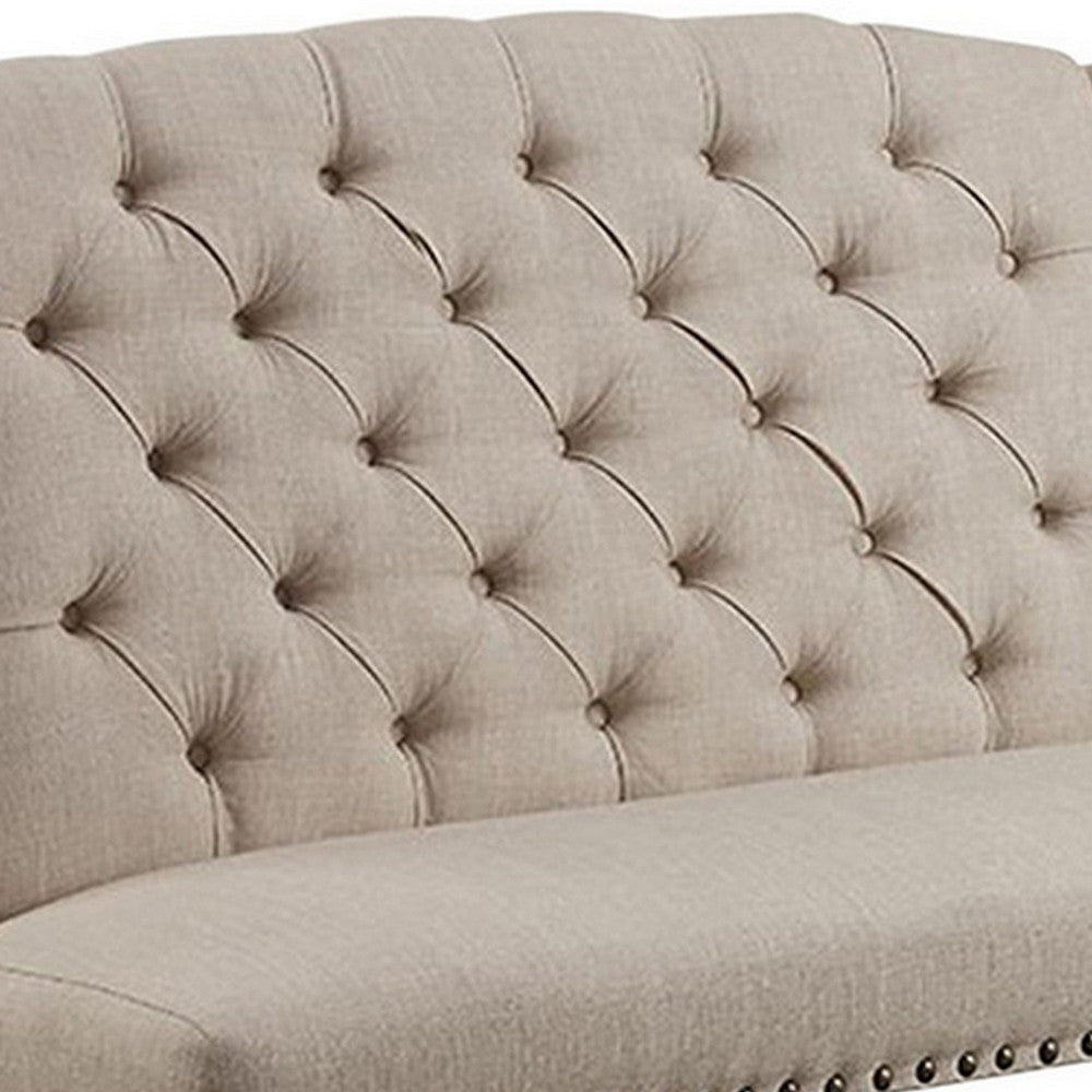 Nailhead Trim Fabric Upholstered Wing Back Wooden Bench Beige and Black By Casagear Home FOA-CM3324BK-BN