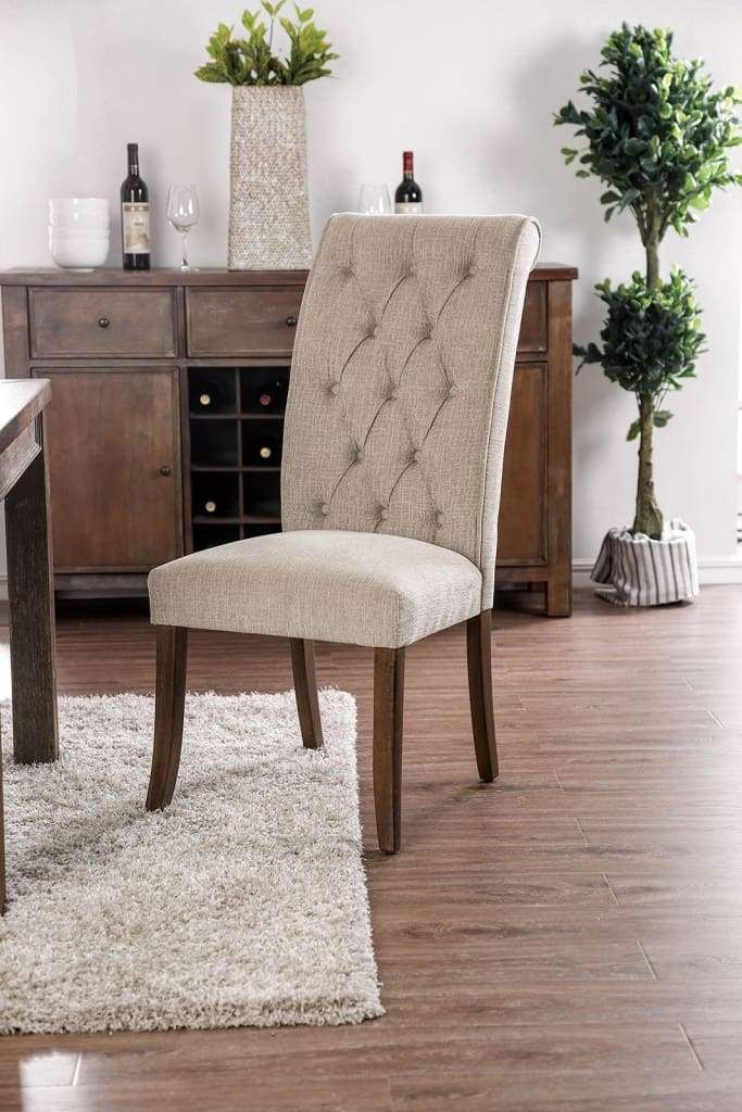 Wooden Fabric Upholstered Side Chair, Ivory And Brown, Pack Of Two By Casagear Home