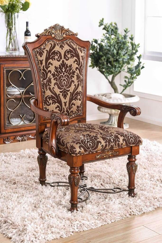 Floral Print Fabric Upholstered Arm Chair In Wood, Cherry Brown, Set Of 2 By Casagear Home